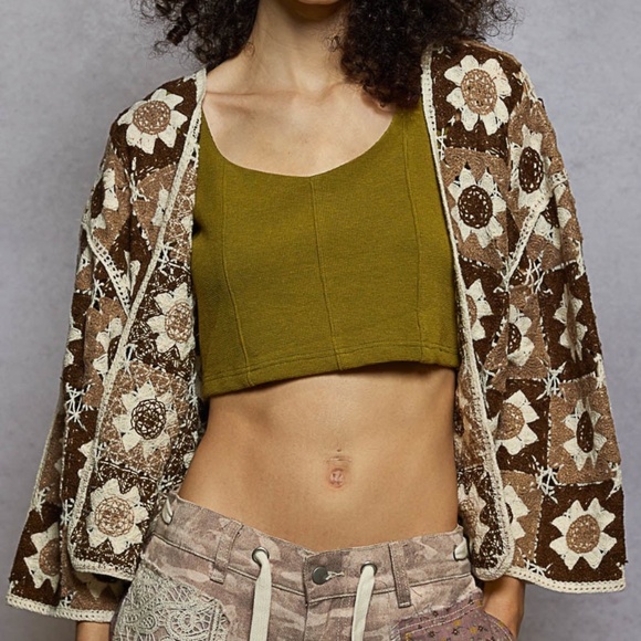 POL Sweaters - NEW POL CROCHET CARDIGAN 3/4 SLEEVE OPEN CARDI TOP FLOWER DETAIL OSFM ONE SIZE